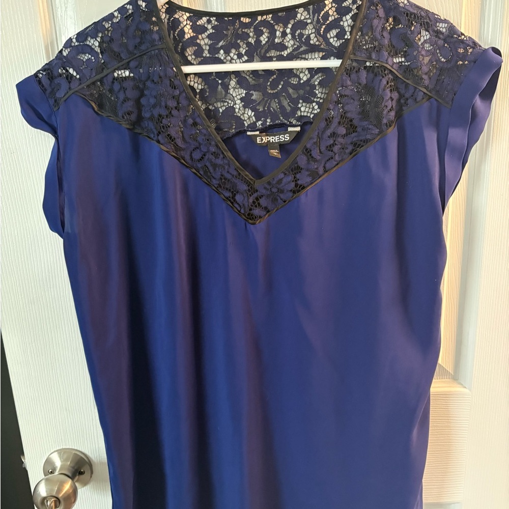 Express Navy Lace Yoke V-Neck Cap Sleeve Blouse